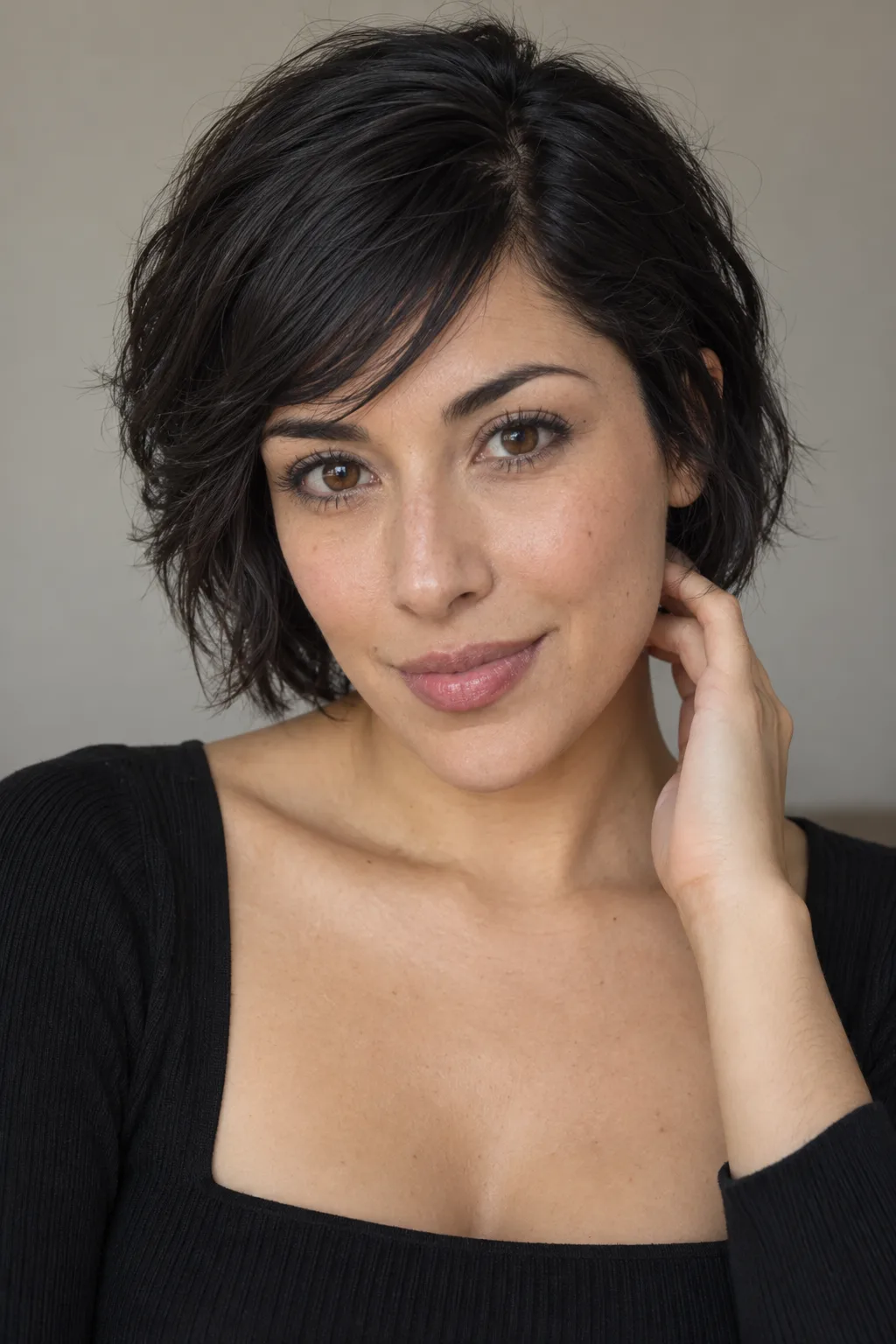 Woman with short black hair and a relaxed smile.