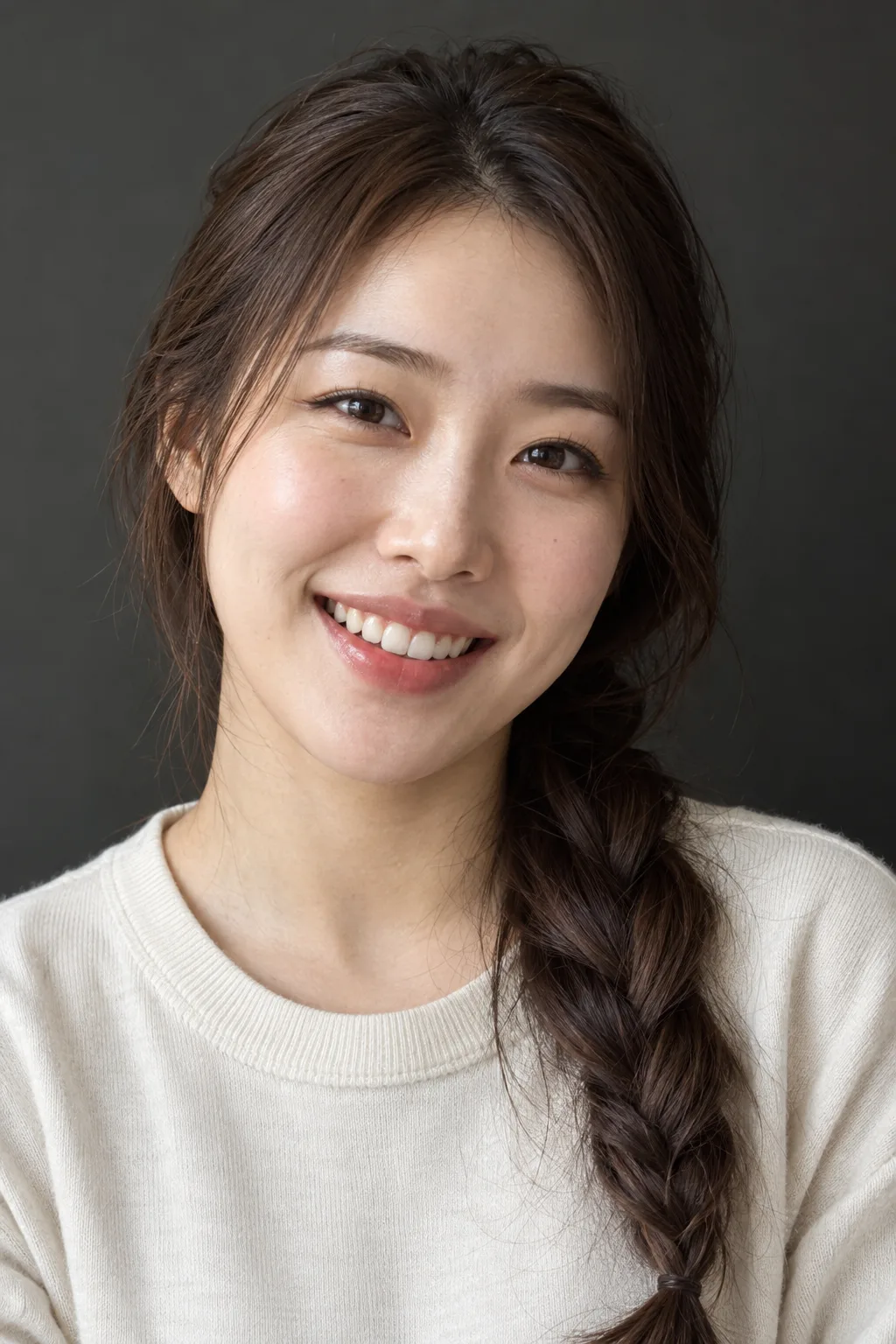 Woman with a long brown braid smiling in a cream top.