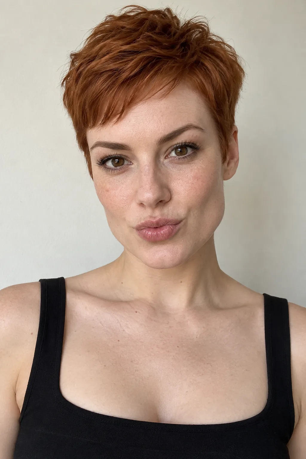 Woman with a copper pixie haircut and a playful expression.
