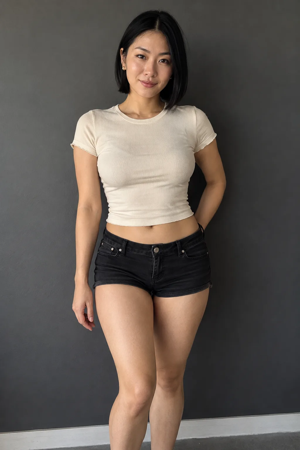 Woman with a black bob standing in a cream shirt and dark shorts.