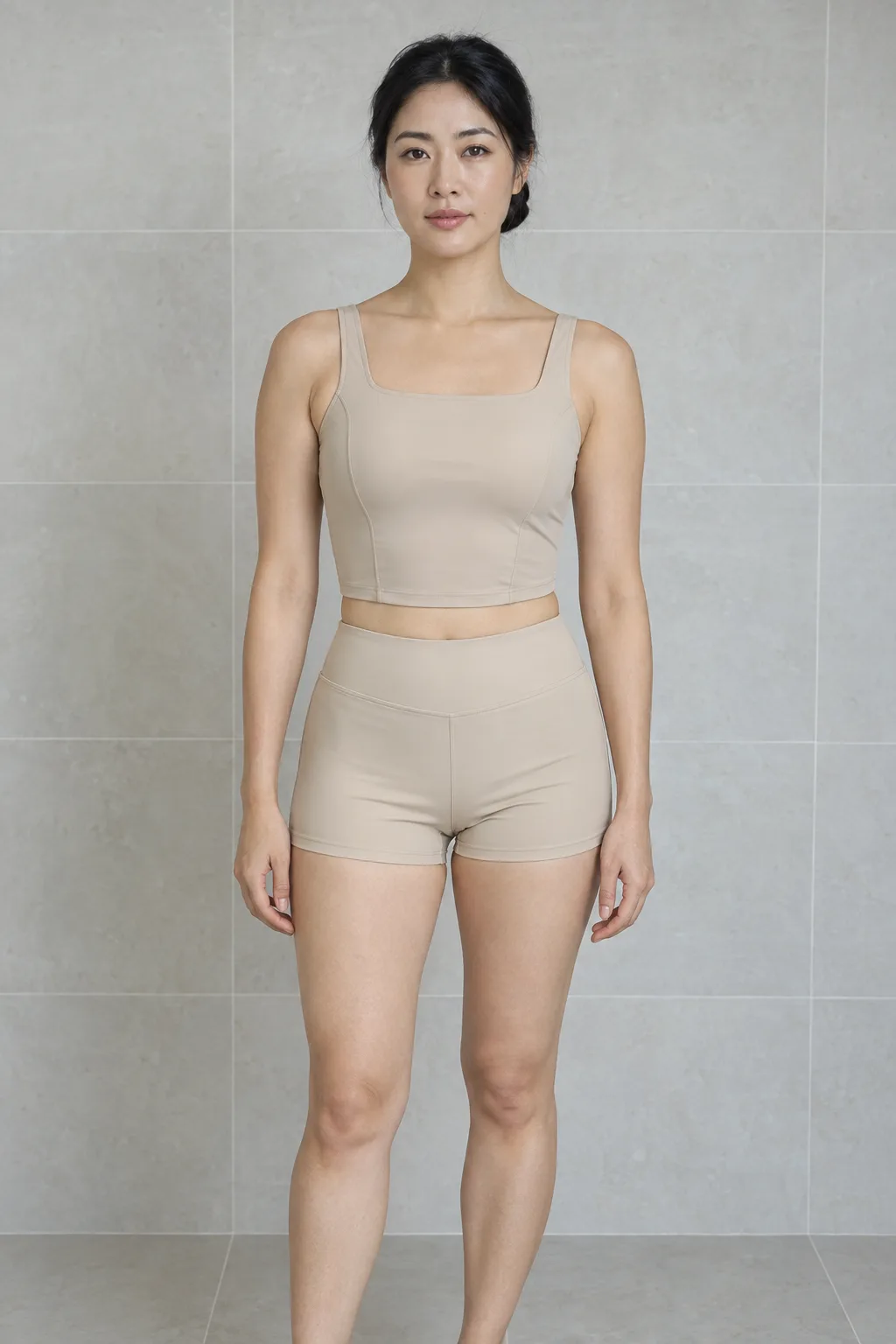 Woman standing in a champagne swim top and shorts.
